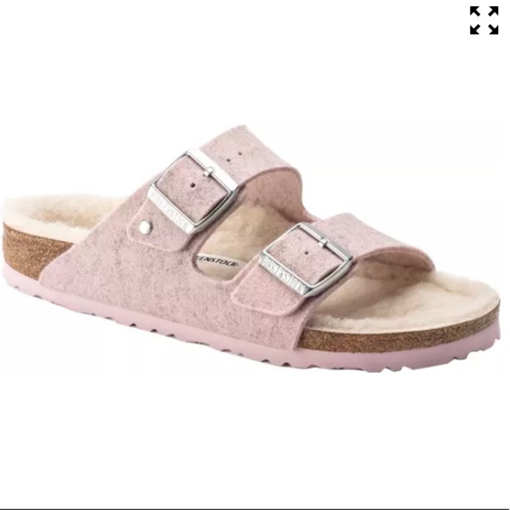 📌 Birkenstock Arizona Rivet Soft Pink shearling wool 38 US 7 narrow to reg fit - Picture 3 of 9